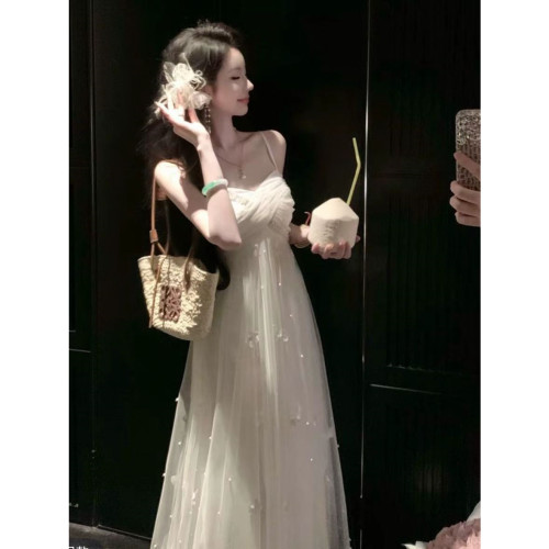 Sun雅乔云栖蝴蝶夏季甜美度假超仙立体花钉珠网纱吊带连衣裙
