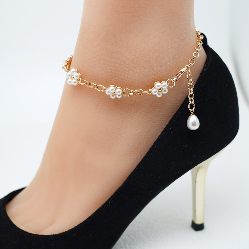 高跟鞋防掉跟神器束鞋带手工串珠链条花朵珍珠单鞋固定后跟绑脚脖