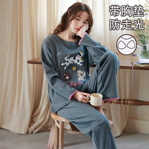 全棉睡衣女款带胸垫长袖套头卡通家居服派邦奴套装可外穿