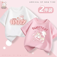 [Два кусочка хлопкового короткометражного T -рубашки] Белый граффити -радио кролик + порошковый котенок котенок