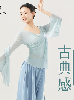 3623舞蹈服女现代形体练功宽松网纱飘逸成人古典中国花朵跳舞上衣