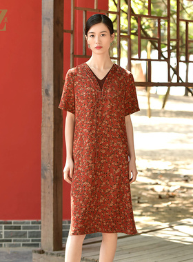 佐尔美夏新款 国风V领100%桑蚕丝香云纱花萝连衣裙女E32LS61