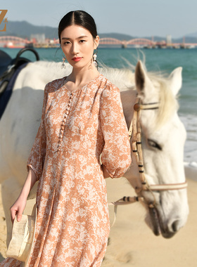 佐尔美夏季新款 真丝乔其印花中袖茶歇裙连衣裙女E32LS01