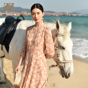 佐尔美夏季新款 真丝乔其印花中袖茶歇裙连衣裙女E32LS01