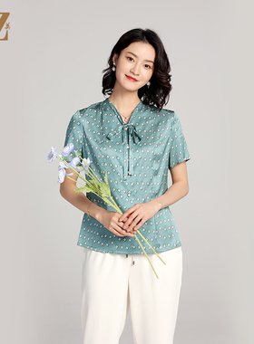 佐尔美夏季新款 桑蚕丝真丝几何图形短袖衬衣女E22CS11