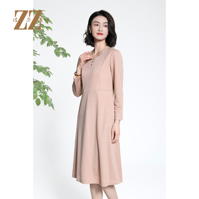 时尚气质减龄纯色百搭长袖连衣裙