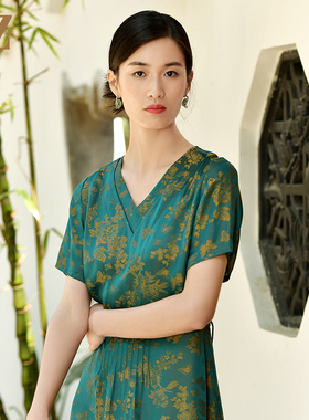佐尔美夏季新款 国风气质小碎花桑蚕丝真丝连衣裙女E32LS53