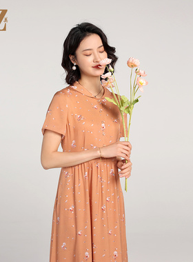 佐尔美夏季新款 弹力双绉印花桑蚕丝真丝碎花短袖连衣裙女E22LS65