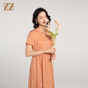 佐尔美高质感 弹力双绉印花桑蚕丝真丝碎花短袖连衣裙女E22LS65