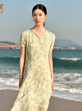 佐尔美夏季新款 休闲时尚小碎花短袖桑蚕丝真丝连衣裙女E32LS83