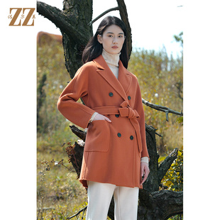 佐尔美时尚新款 中长款双排扣羊毛双面呢大衣女E14SM01
