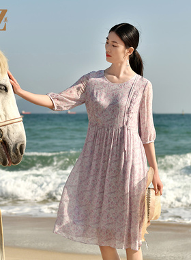 佐尔美夏季新款 时尚真丝乔其中袖碎花连衣裙女E32LS46
