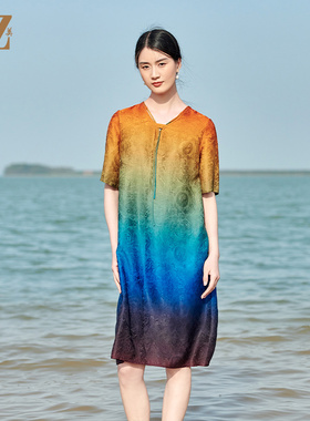 佐尔美夏季新款 红云纱香云纱桑蚕丝渐变花萝连衣裙女E22LS82