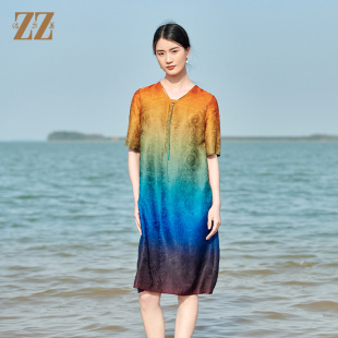 佐尔美夏季 红云纱香云纱桑蚕丝渐变花萝连衣裙女E22LS82 新款