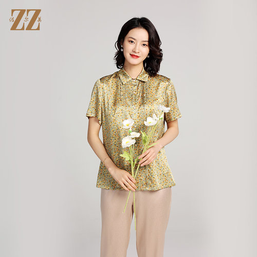 桑蚕丝真丝小碎花短袖衬衣