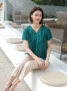 佐尔美夏季新款 气质国风V领桑蚕丝短袖衬衣女E32CS38