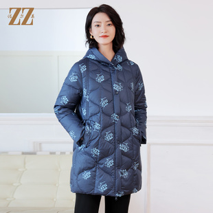 冬季新款 甜美通勤双面穿连帽碎花图案中长款羽绒服女E24YY02