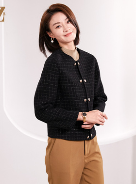 佐尔美冬上新 气质小香风千鸟格绵羊毛双面呢短外套女E34SM14A