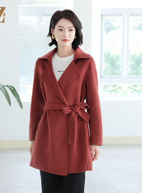 佐尔美秋冬新款 气质显瘦腰带绵羊毛双面呢大衣女E14SM05