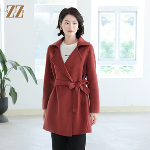 佐尔美秋冬新款 气质显瘦腰带绵羊毛双面呢大衣女E14SM05