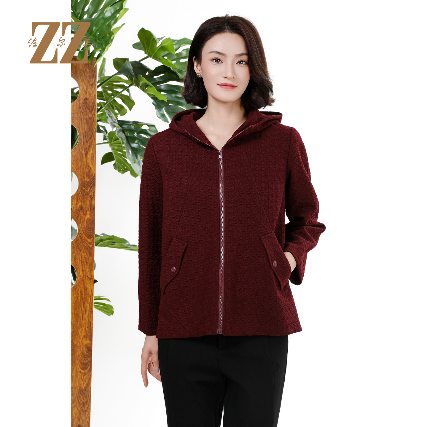 经典老钱风连帽风衣压花外套女