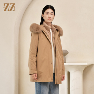 佐尔美冬季新年礼英伦菱形走线内胆派克狐毛领羽绒服女E24YH04