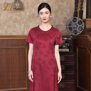 佐尔美夏季新款 红云纱真丝桑蚕丝桑波缎提花连衣裙女E22LS19