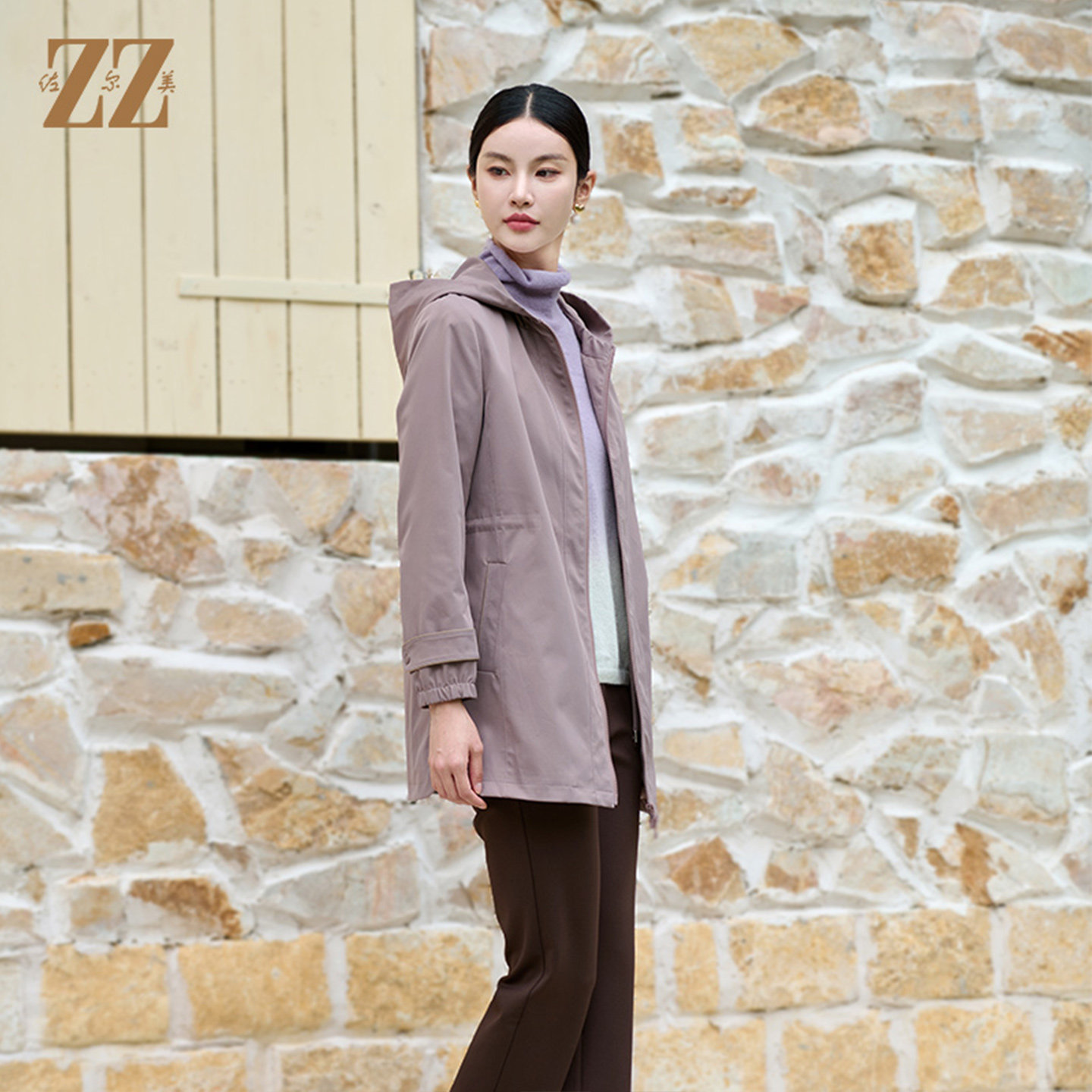 佐尔美时尚气质简约百搭连帽中长款风衣女M43FZ05