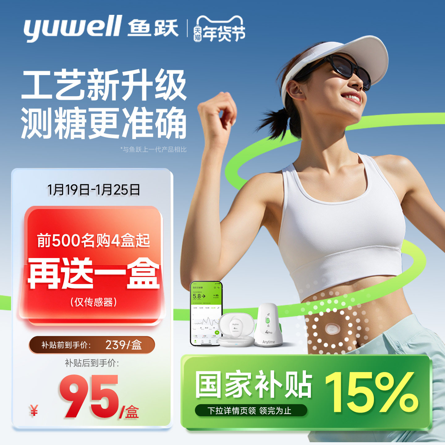 鱼跃动态血糖仪24小时血糖监测仪测血糖仪器家用检测仪安耐糖4Pro