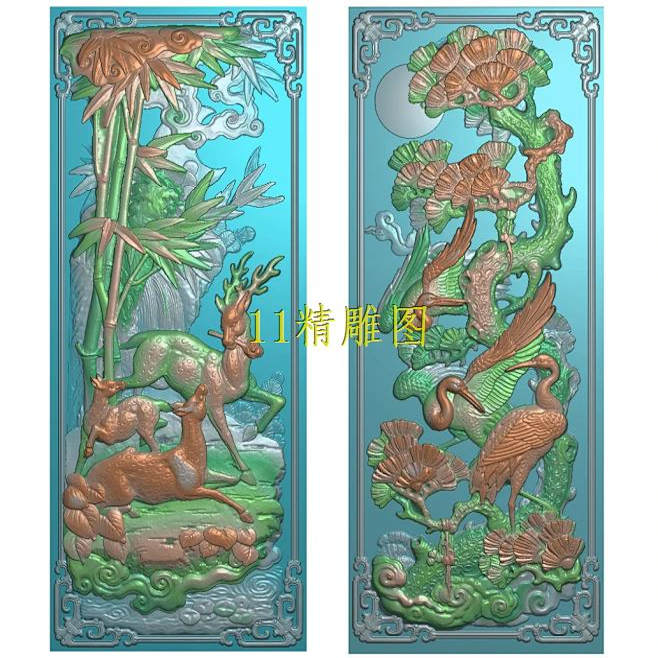 R新款松鹤延年鹿竹同春古建浮雕精雕图宗祠门楼壁堵石雕扫描竖屏