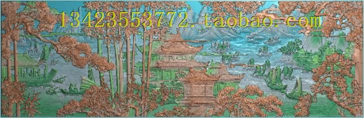 浮雕图扫描图精雕图灰度图新款山水迎客松360-150古建寺庙效果图