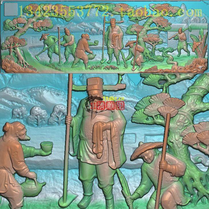 扫描图精雕图渔樵耕读门堵耕地古建三国演义骑马打仗深雕人物