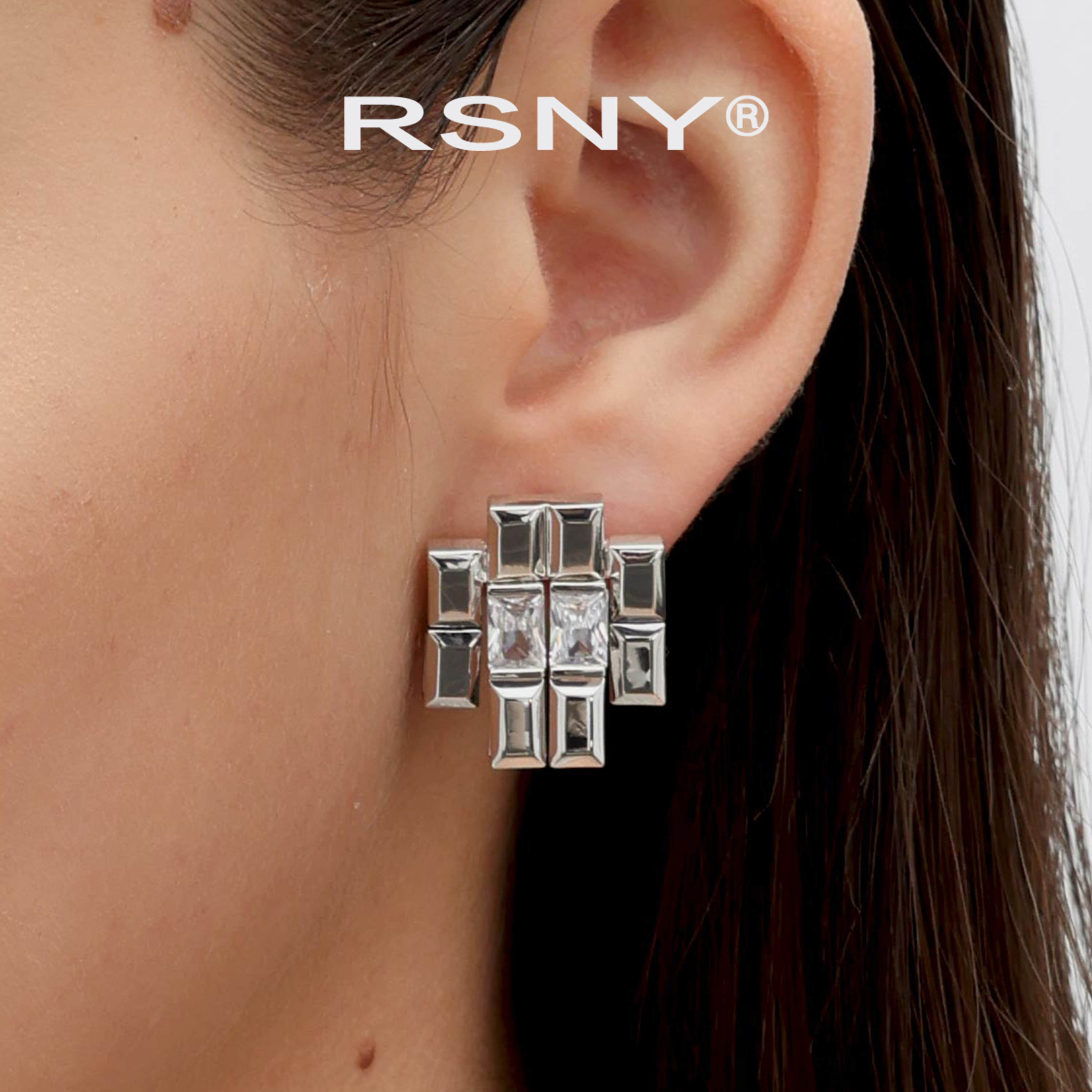 [新品]RSNY公主方拼接耳钉轻奢设计2026简约欧美风纯银时尚耳钉