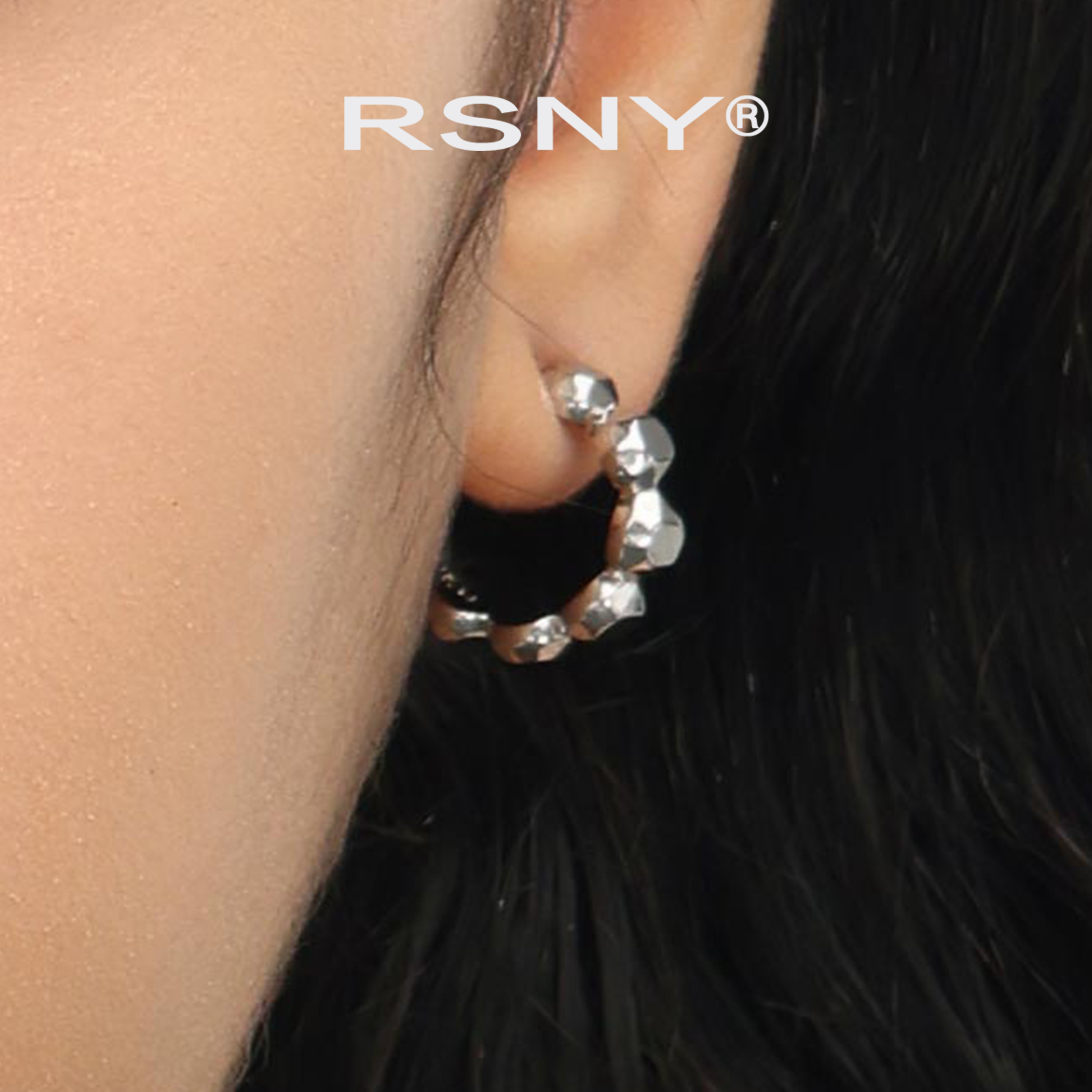 [新品]RSNY圆形钻石纹理耳环几何简约百搭欧美时尚纯银耳针耳钉女