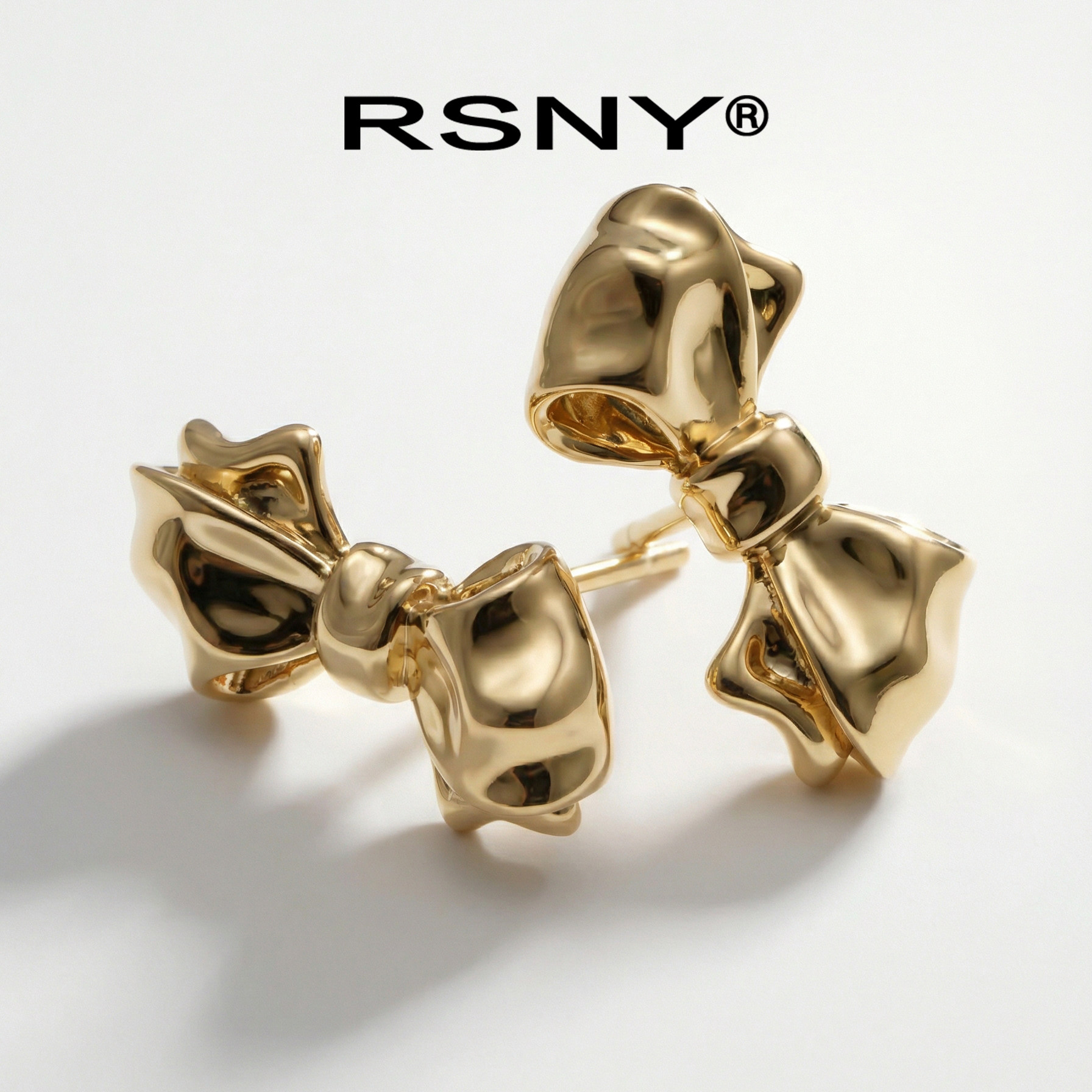 [新品]RSNY可爱蝴蝶结耳钉立体高抛光经典暖金色银耳针通勤百搭