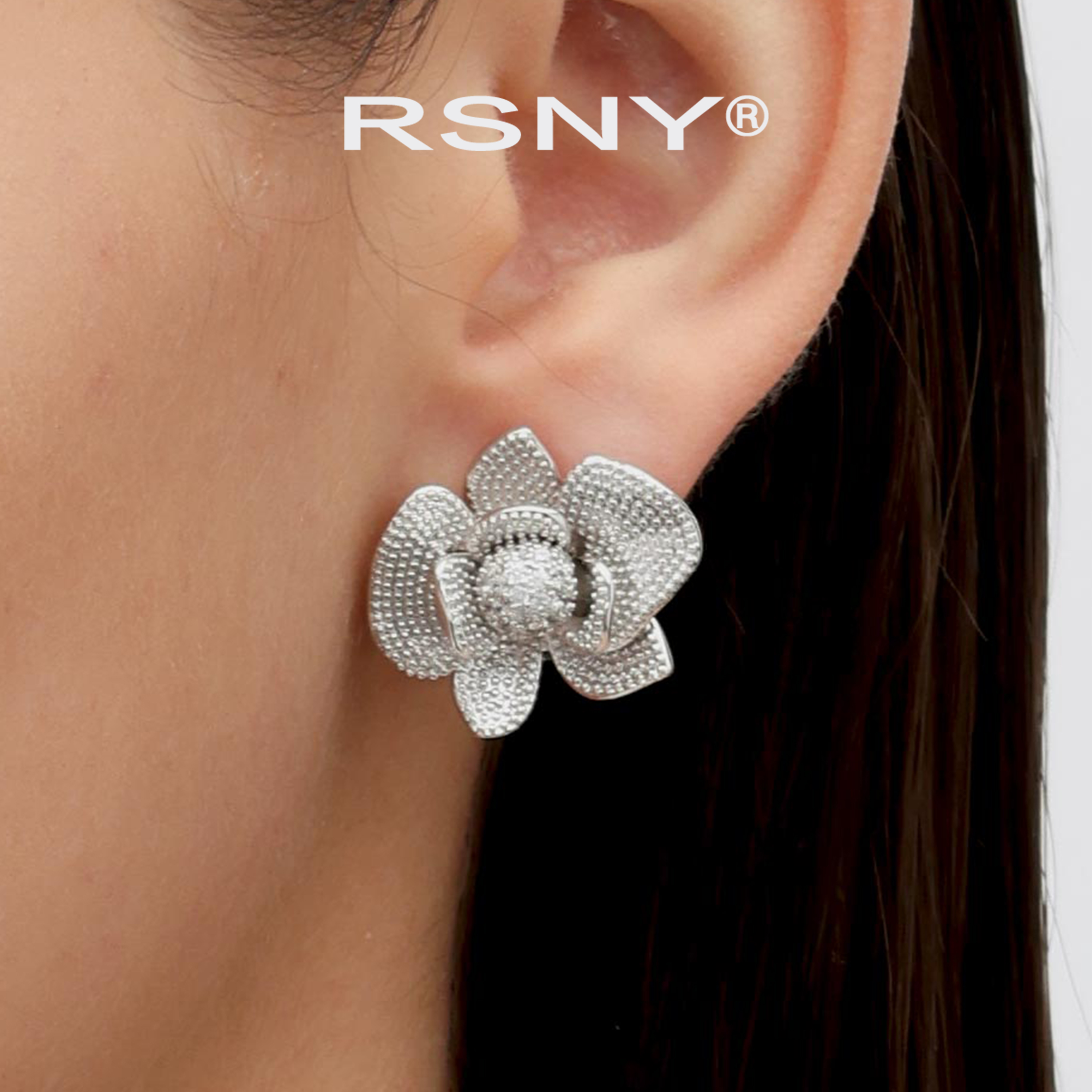 [新品]RSNY闪亮花朵耳环女精美造型璀璨绽放潮流时尚银耳针耳钉