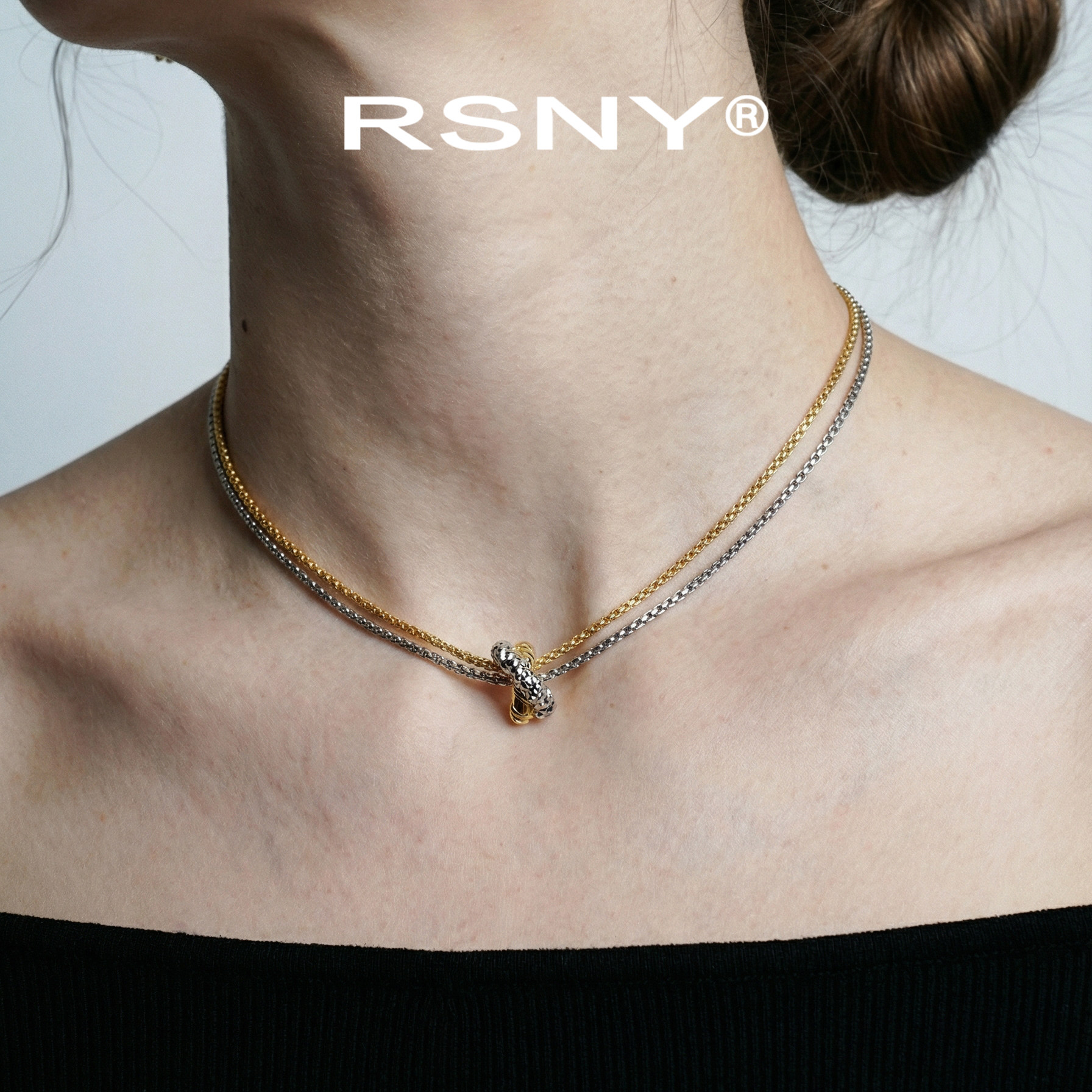 [新品]RSNY抽象线条项链双层双色通勤调节锁骨链简约精致职场百搭