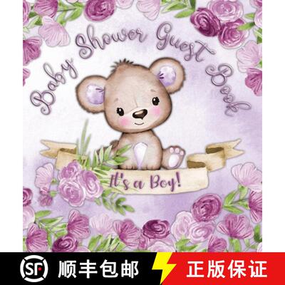 【3-4周达】精装 Baby Shower Guest Book: It's a Boy! Teddy Bear Purple Floral Alternative Theme, Wishe... [9788395798795]