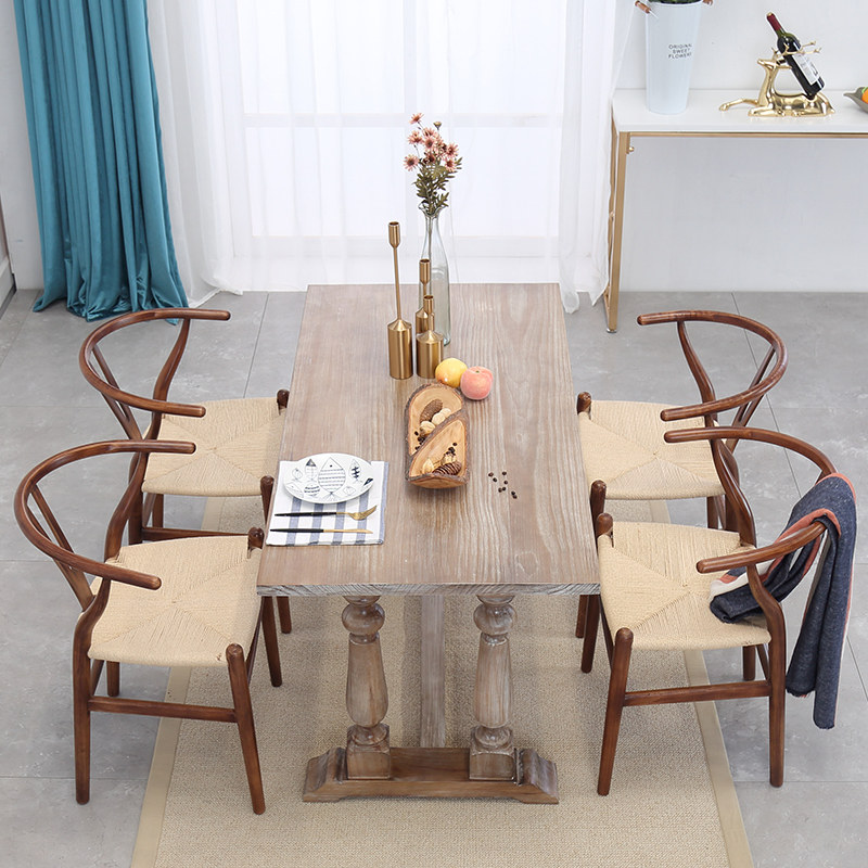 美式实木餐桌椅组合长方形吃饭桌现代简约小户型饭桌长桌客厅做旧