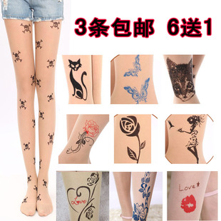 日本假纹身丝袜子夏季薄款原宿印花连裤袜肉色可爱带卡通图案个性