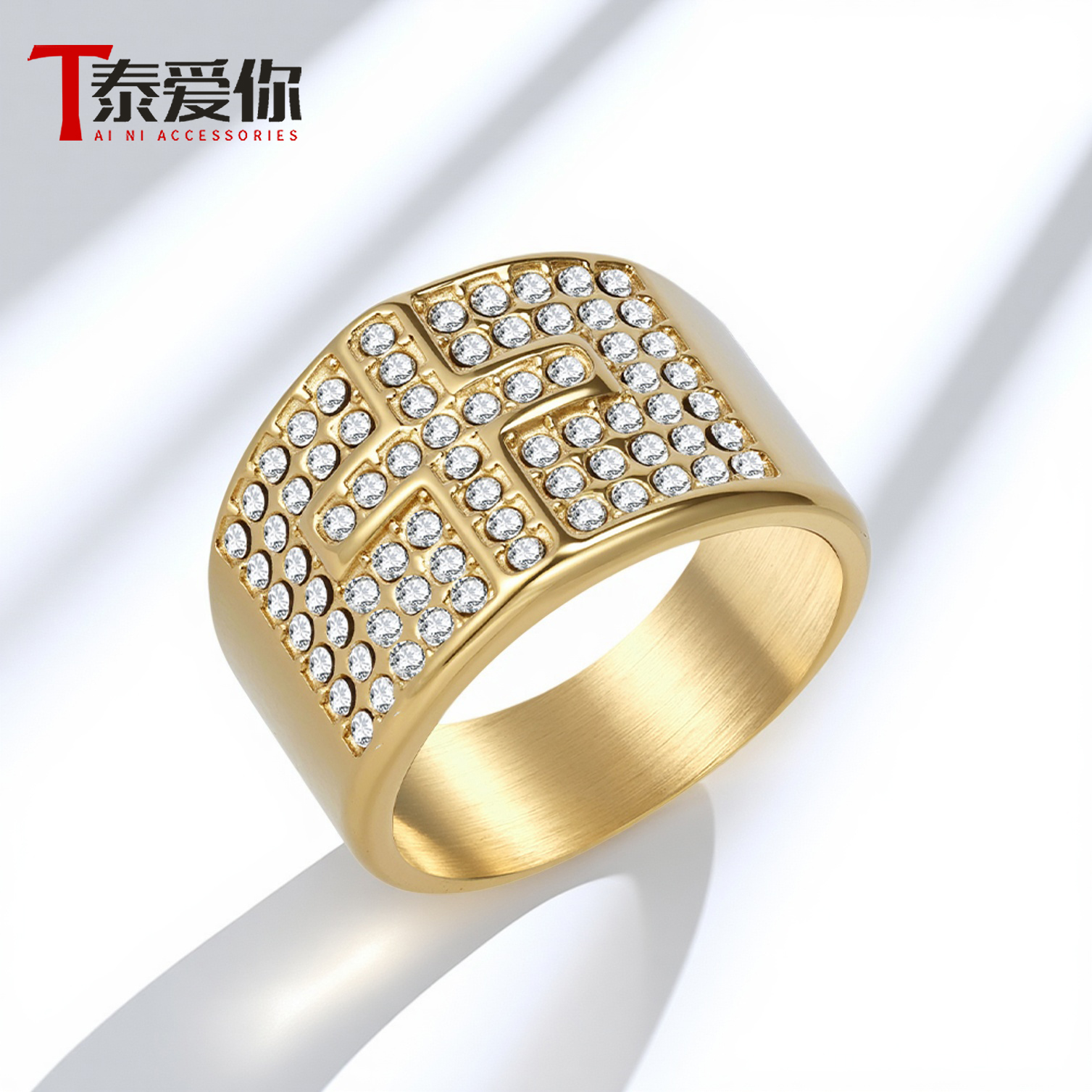 泰爱你欧美钛钢满钻十字架戒指