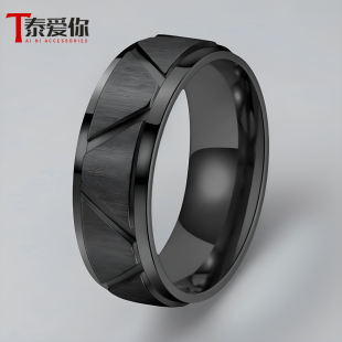 泰爱你时尚 酷炫钛钢指环食指戒子 简约8MM批花横沙戒指潮男个性