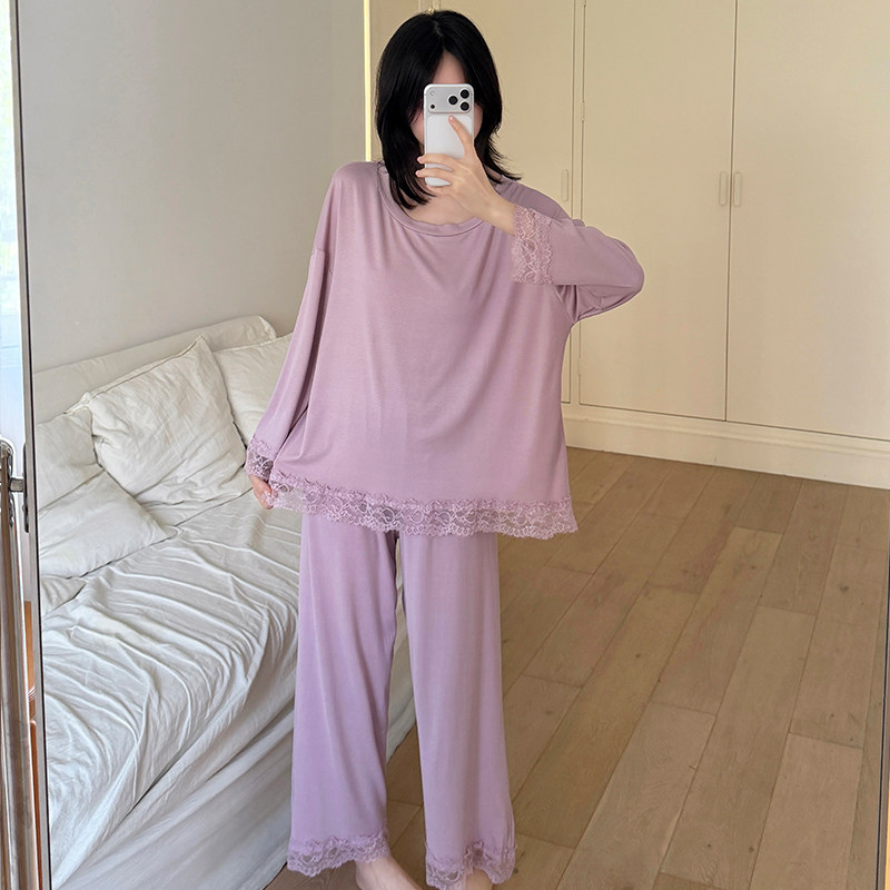 莫代尔纯色蕾丝长袖睡衣女