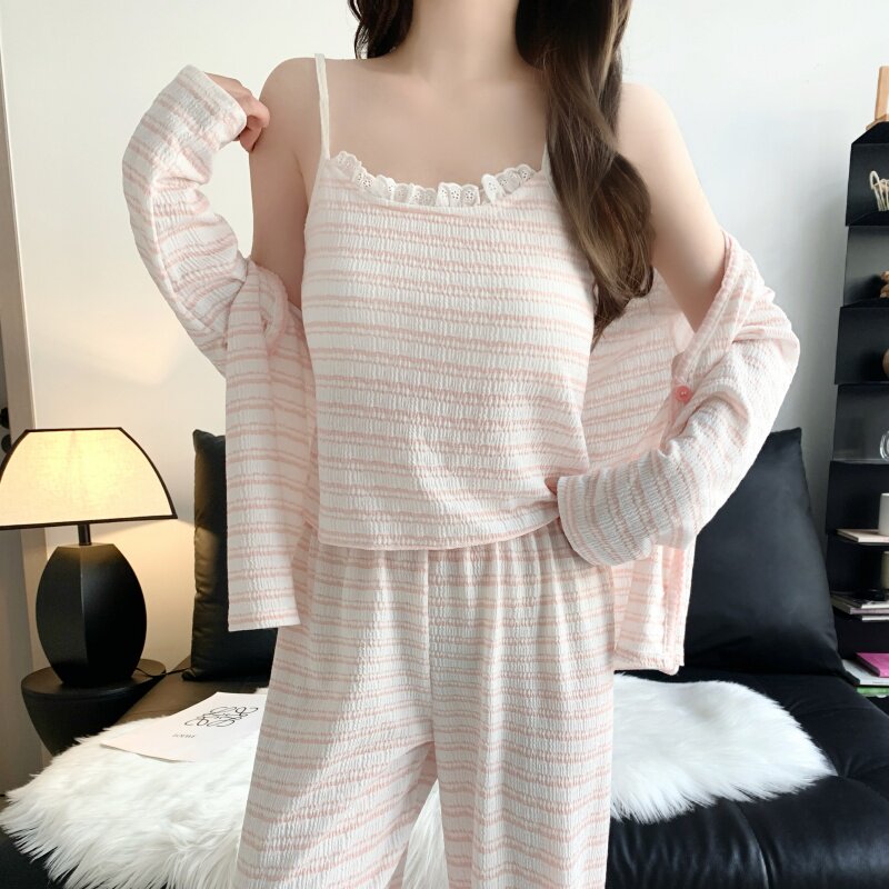 条纹小清新三件套睡衣女带胸垫2026新款春秋季吊带长袖家居服套装