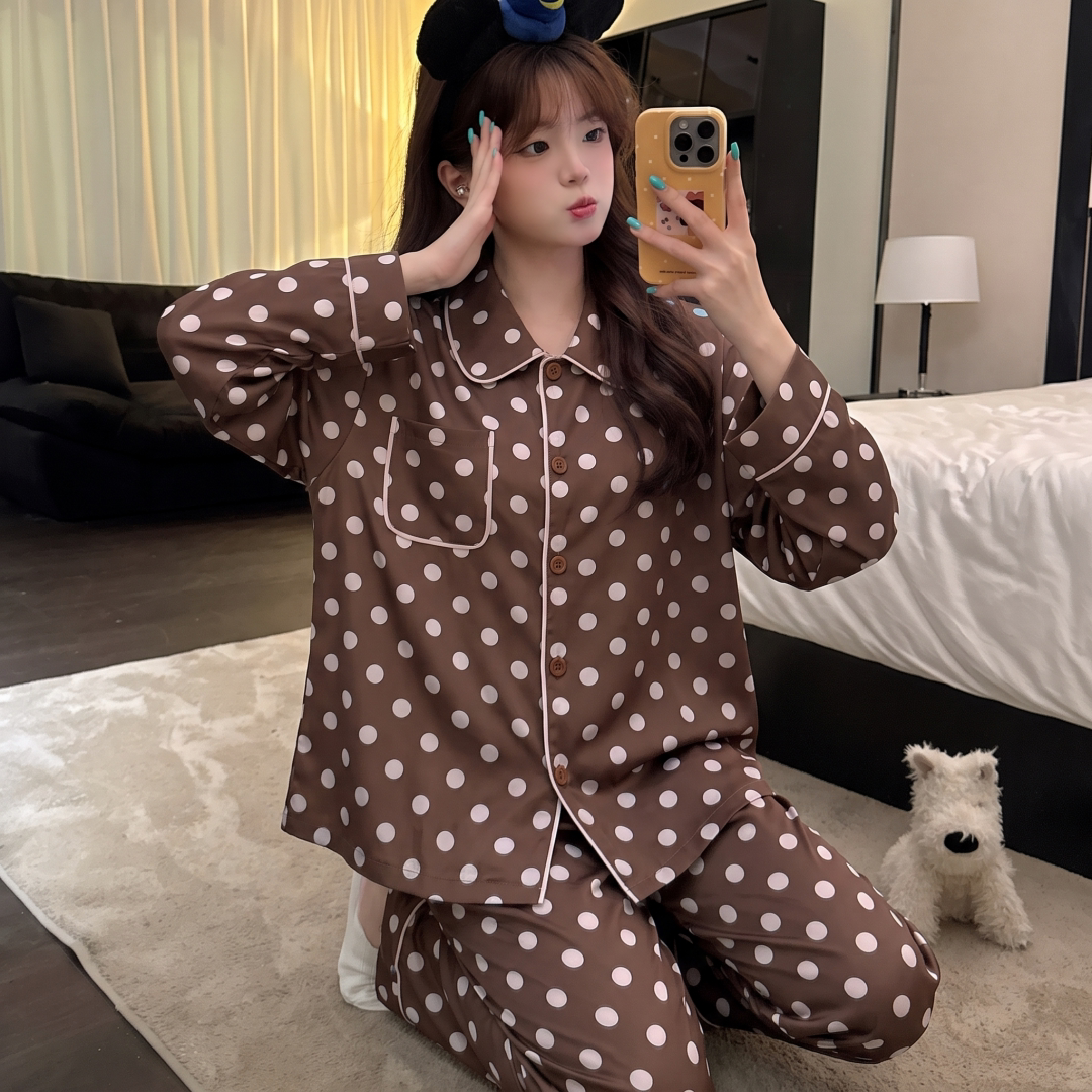 韩版波点冰丝睡衣女款大码家居服