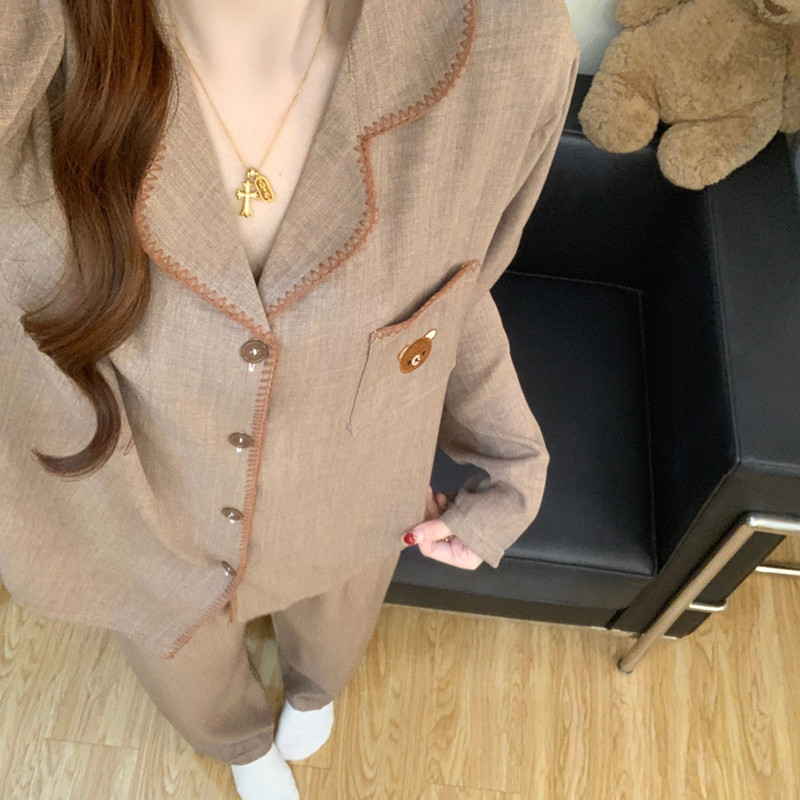 日系纯色简约可爱棕色小熊睡衣女春秋长袖长裤薄款家居服两件套装