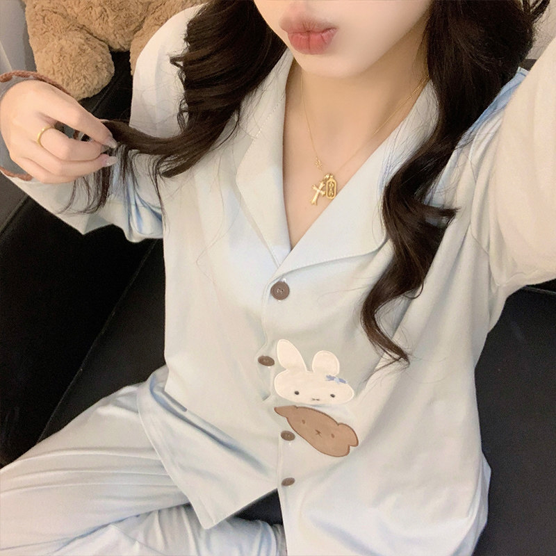 凉感甜美粉色可爱纯棉睡衣女款夏季长袖套装薄款春秋家居服少女士