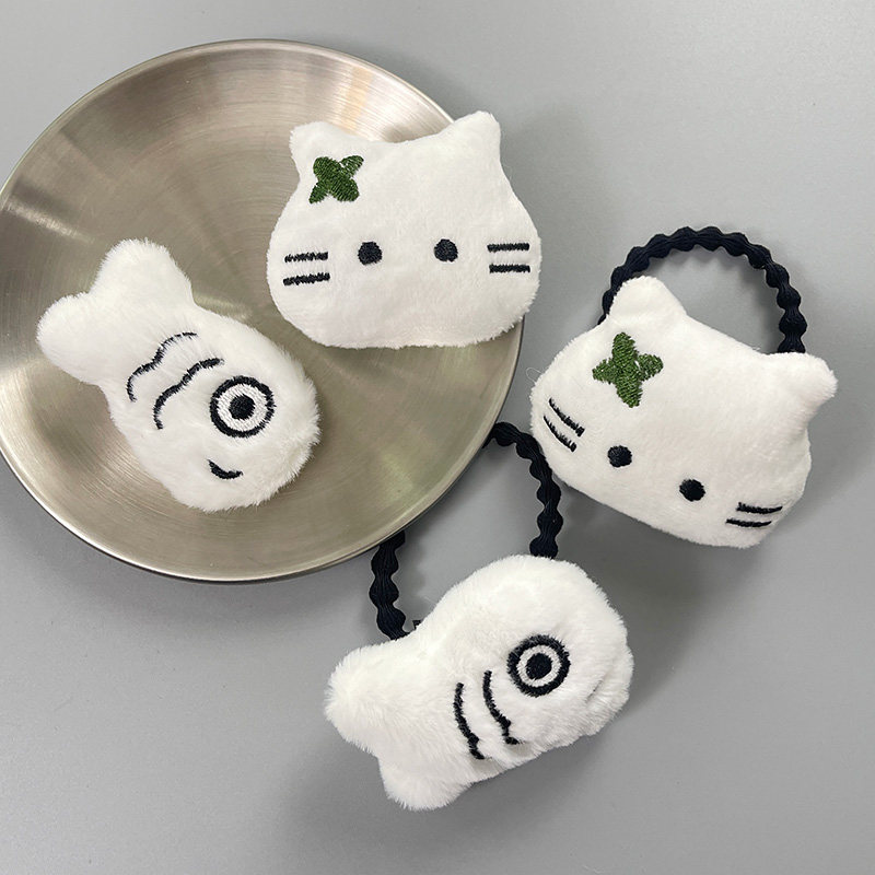 毛绒玩偶卡通秋冬创口贴小猫白色大眼睛小鱼发夹发绳发圈儿童发卡