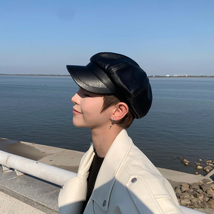 黑色皮帽子ins潮流潮流显脸小女春秋款新款男生八角帽男韩版帅气