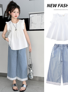 女童夏季短袖T恤套装儿童飞飞袖白色上衣小女孩夏装衣服大童半袖